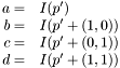 \[\begin{array}{rl} a =& I(p')\\ b =& I(p' + (1,0))\\ c =& I(p' + (0,1))\\ d =& I(p' + (1,1)) \end{array} \]